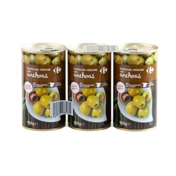 Aceitunas verdes rellenas de anchoa Carrefour pack de 3 unidades de 150 g. - 0.45 kg - Imagen del producto en Findit