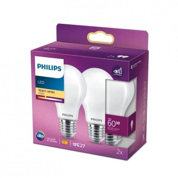 Bombilla Led Estandar Philips 60W E27 Cálida 2ud - 1 ud - Imagen del producto en Findit