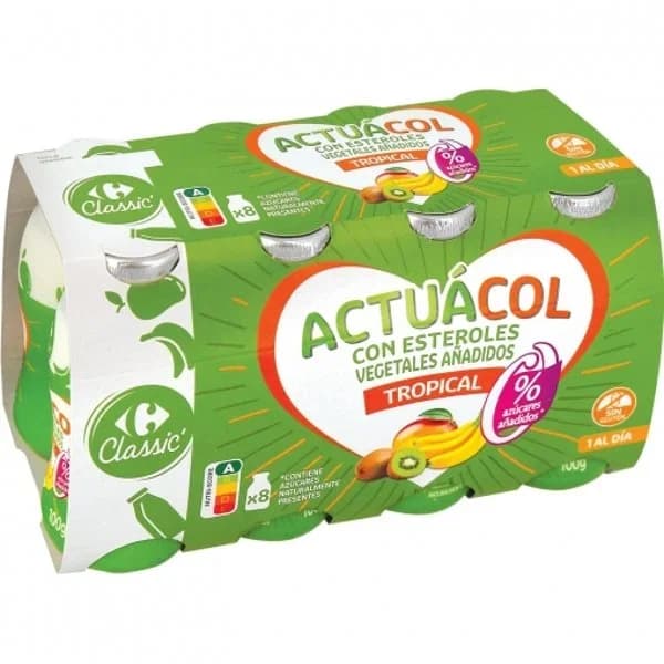Leche fermentada líquida tropical sin azúcar añadido Carrefour Actuacol sin gluten pack de 8 unidades de 100 g. - 0.8 kg - Imagen del producto en Findit