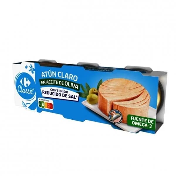 Atún claro en aceite de oliva contenido reducido de sal Classic Carrefour pack de 3 latas de 52 g. - 0.16 kg - Imagen del producto en Findit