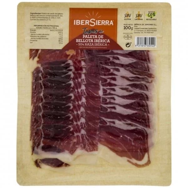 Paleta de Bellota Ibérica 50% Raza ibérica en lonchas IberSierra sin gluten y sin lactosa 100 g - 0.1 kg - Imagen del producto en Findit