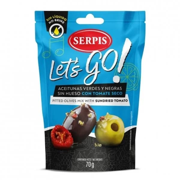 Aceitunas verdes y negras sin hueso con tomate seco Serpis sin lactosa pack 70 g. - 1 ud - Imagen del producto en Findit