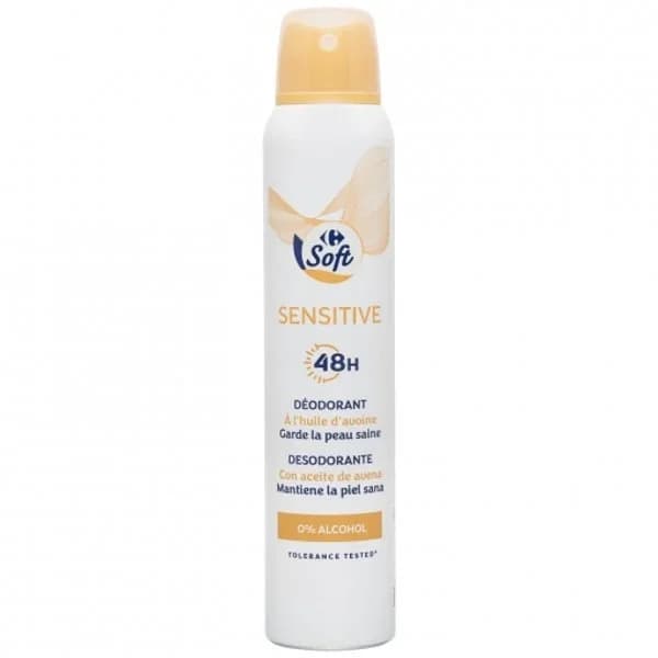 Desodorante en spray sensitive protección 48h aceite de avena 0% alcohol Carrefour Soft 200 ml. - 0.2 l - Imagen del producto en Findit