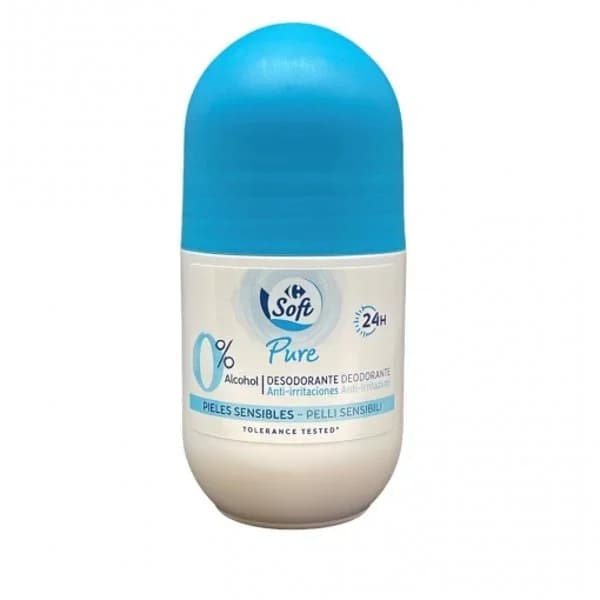 Desodorante roll-on eficacia 24h piel sensible 0% alcohol Carrefour Soft Pure 50 ml. - 0.05 l - Imagen del producto en Findit
