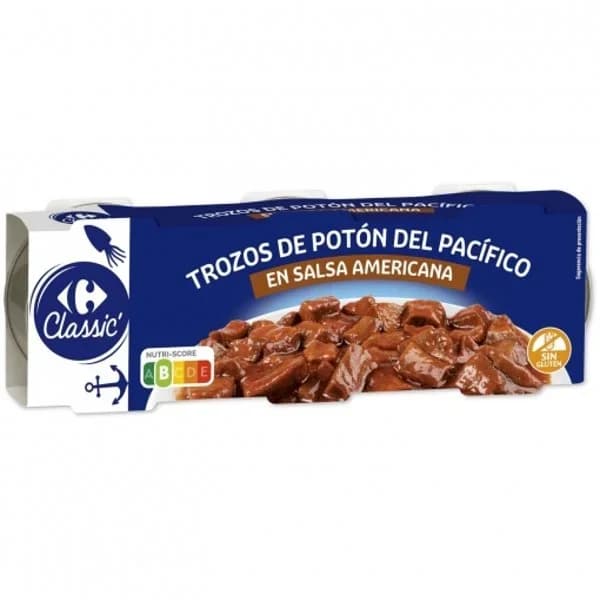 Trozos de potón en salsa americana Classic Carrefour sin gluten pack de 3 unidades de 60 g. - 1 ud - Imagen del producto en Findit