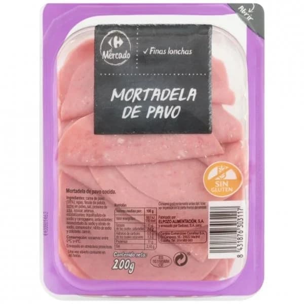 Mortadela de pavo en finas lonchas Carrefour El Mercado sin gluten 200 g - 0.2 kg - Imagen del producto en Findit