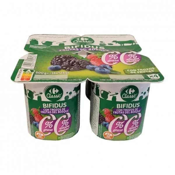 Bífidus desnatado con frutas del bosque Carrefour sin gluten y sin azúcar añadido pack de 4 unidades de 125 g. - 0.5 kg - Imagen del producto en Findit