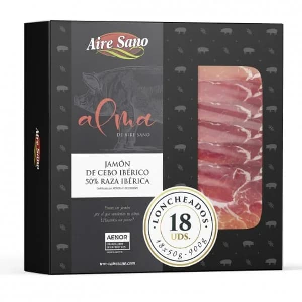 Jamón de Cebo Ibérico 50% Raza Ibérica loncheado Airesano Alma 18 sobres de 50 g - 1 ud - Imagen del producto en Findit