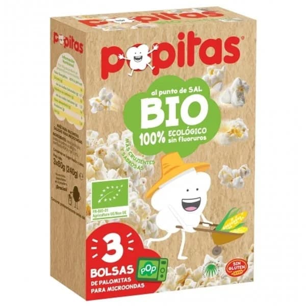 Palomitas al punto de sal ecológicas Popitas sin gluten pack de 3 unidades de 80 g. - 0.24 kg - Imagen del producto en Findit