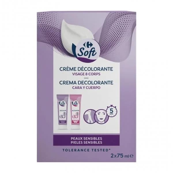 Crema decolorante cara y cuerpo para pieles sensibles Carrefour Soft pack de 2 unidades de 75 ml. - 0.15 l - Imagen del producto en Findit