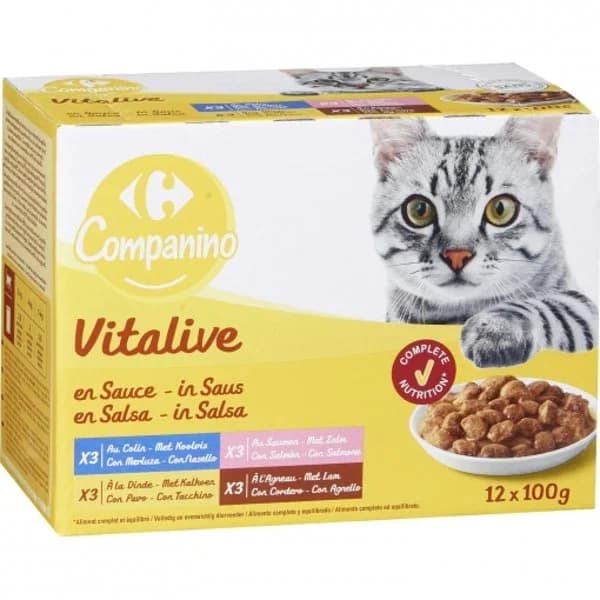 Comida húmeda carne surtida para gatos Carrefour 12 x100 g. - 1.2 kg - Imagen del producto en Findit