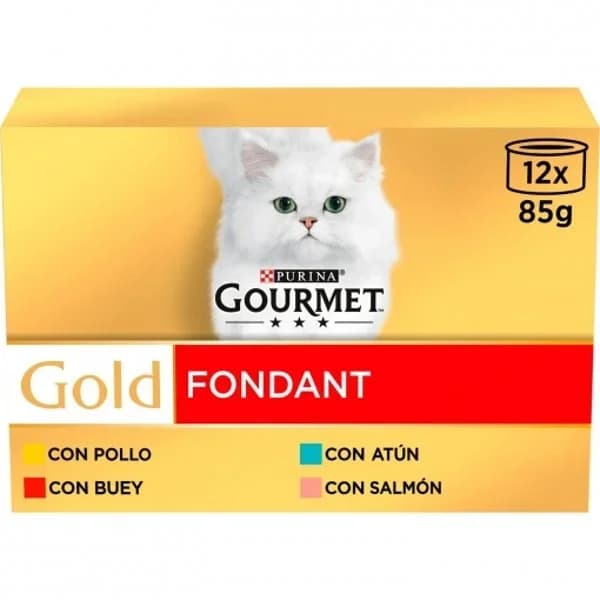 Comida húmeda de pollo,buey, atún y salmón para gato adulto Purina Gourmet Gold Fondant 12x85 g. - 1.02 kg - Imagen del producto en Findit