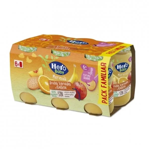 Tarrito de frutas variadas y galleta desde 6 meses Hero Baby Merienda sin aceite de palma pack de 6 unidades de 190 g. - 1.14 kg - Imagen del producto en Findit