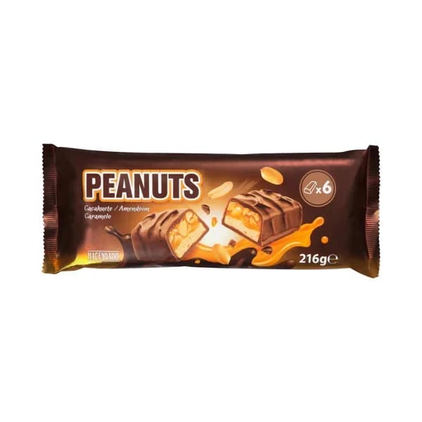 Barritas Peanuts Hacendado bañadas de chocolate con leche y rellenas con caramelo  cacahuetes tostados y crema azucarada - 0.22 kg - Imagen del producto en Findit