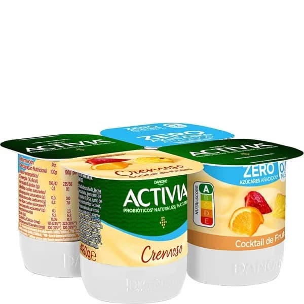 Bífidus cremoso desnatado sabor cocktail de frutas Danone Activia sin gluten y sin azúcar añadido pack de 4 unidades de 115 g. - 0.46 kg - Imagen del producto en Findit