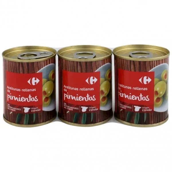 Aceitunas rellenas de pimientos Carrefour pack de 3 latas de 50 g. - 1 ud - Imagen del producto en Findit