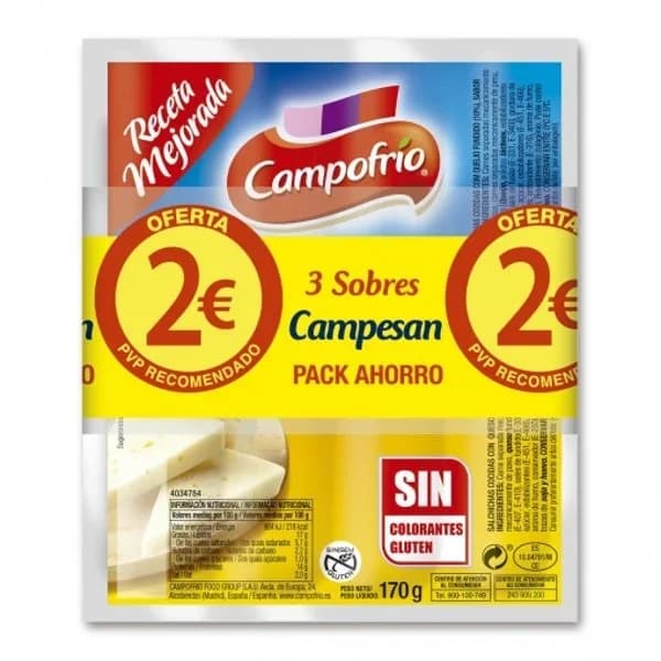 Salchichas campesan con queso Campofrío sin gluten pack de 3 unidades de 170 g. - 0.51 kg - Imagen del producto en Findit