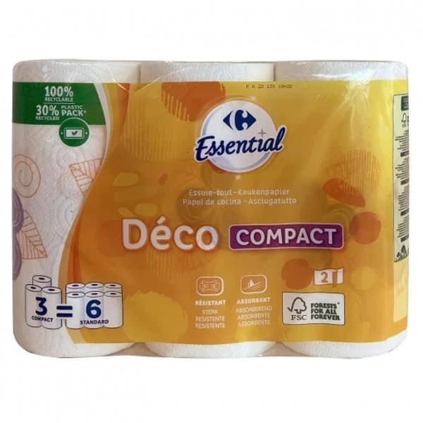 Papel de cocina déco compact Carrefour Essential 3 rollos. - 3.01 ud - Imagen del producto en Findit
