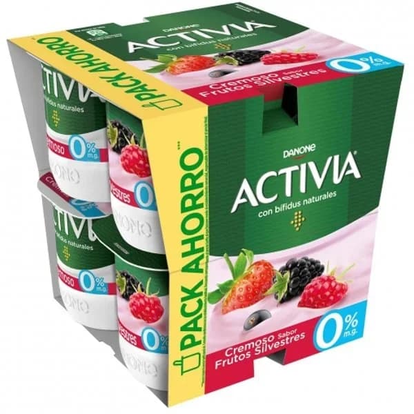 Bífidus desnatado cremoso sabor frutos silvestres Danone Activia sin gluten y sin azúcar añadido pack de 8 unidades de 115 g. - 0.92 kg - Imagen del producto en Findit