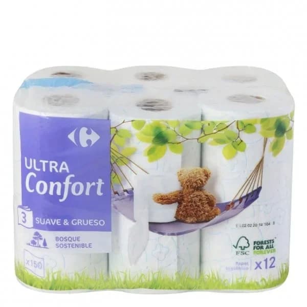 Papel higiénico 3 capas ultra confort Carrefour 12 rollos. - 11.98 ud - Imagen del producto en Findit