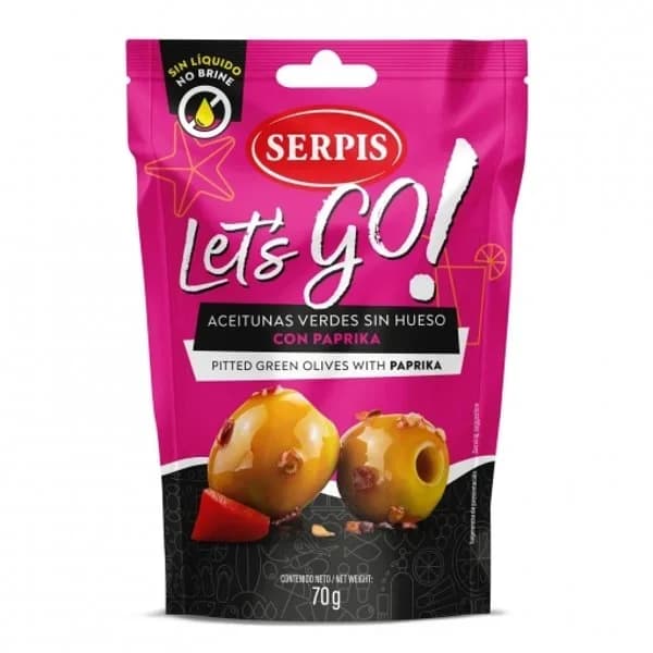 Aceitunas verdes sin hueso con paprika Serpis doy pack 70 g. - 1 ud - Imagen del producto en Findit