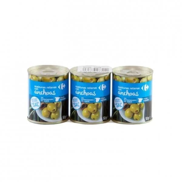 Aceitunas verdes rellenas de anchoa reducido en sal Carrefour pack de 3 latas de 50 g - 0.15 kg - Imagen del producto en Findit