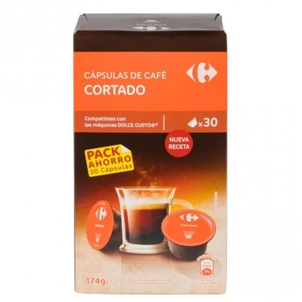 Café cortado en cápsulas Carrefour compatible con Dolce Gusto 30 unidades de 5,8 g. - 29.5 ud - Imagen del producto en Findit