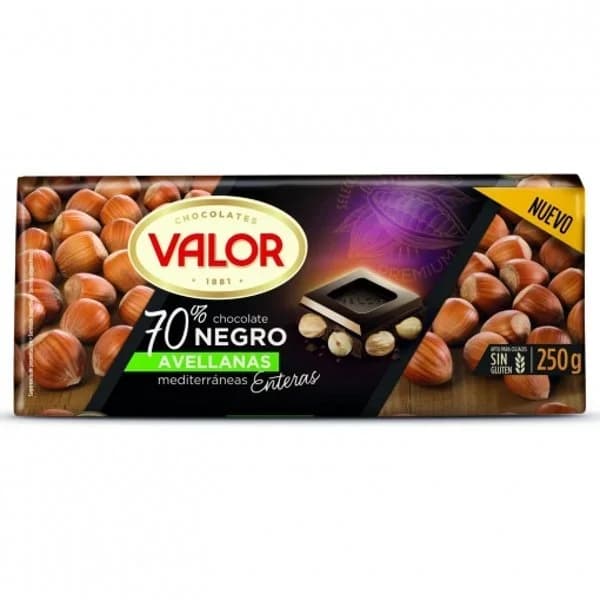 Chocolate negro 70% con avellanas Valor sin gluten 250 g. - 0.25 kg - Imagen del producto en Findit