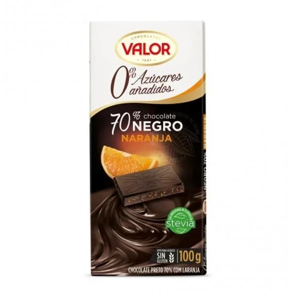 Chocolate 70% naranja sin azúcar VALOR, tableta 100 g - 0.1 kg - Imagen del producto en Findit
