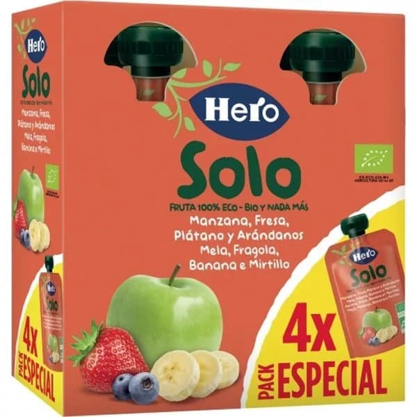 Bolsita de manzana, fresa, plátano y arándanos ecológica Hero Solo sin gluten pack de 4 unidades de 100 g. - 0.4 kg - Imagen del producto en Findit