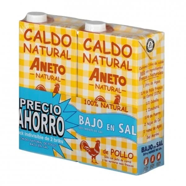 Caldo natural de pollo bajo en sal ANETO, pack 2x1 litro - 2 l - Imagen del producto en Findit