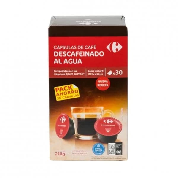 Café cápsulas descafeinado al agua Carrefour Extra compatible con Dolce Gusto 30 unidades de 7 g. - 30.41 ud - Imagen del producto en Findit