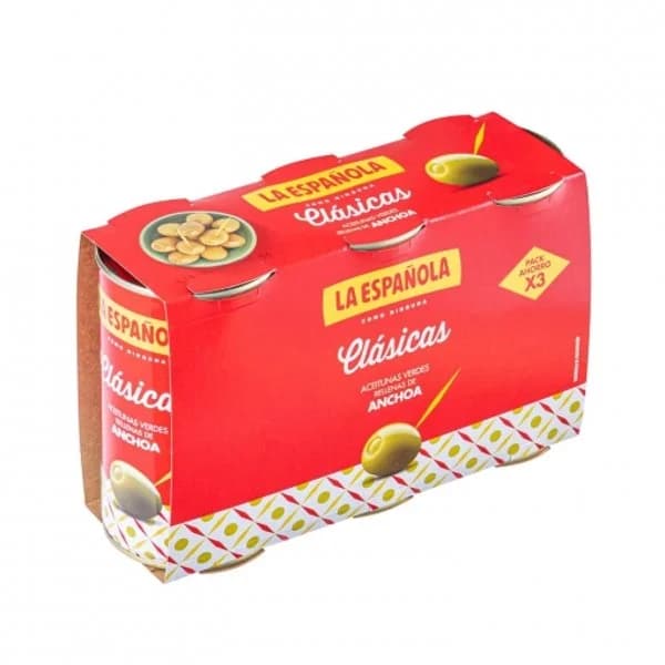 Aceitunas verdes rellenas de anchoa La Española sin gluten pack de 3 latas de 150 g. - 0.45 kg - Imagen del producto en Findit