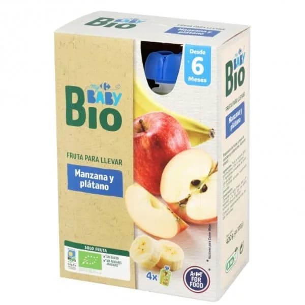 Preparado de manzana y plátano sin azúcar añadido desde 6 meses ecológico My Carrefour Baby Bio sin gluten pack de 4 de bolsitas de 100 g. - 0.4 kg - Imagen del producto en Findit