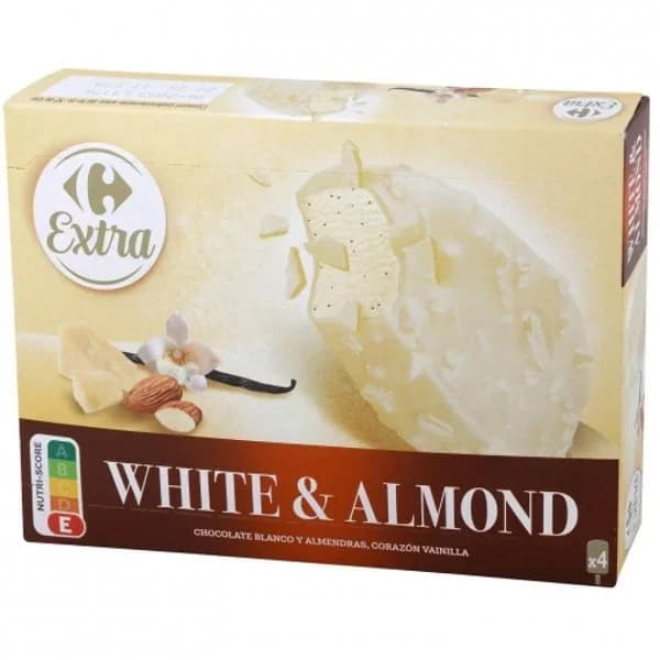 Bombón helado chocolate blanco con almendras Carrefour 4 ud. - 4.02 ud - Imagen del producto en Findit