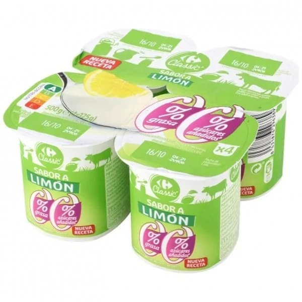 Yogur desnatado sabor limón Carrefour Classic' sin azúcar añadido pack de 4 unidades de 125 g. - 0.5 kg - Imagen del producto en Findit
