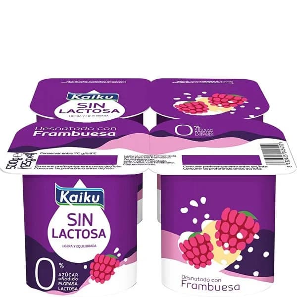 Preparado lácteo 0% s/ lactosa c/ frambuesas KAIKU, pack 4x125 g - 0.5 kg - Imagen del producto en Findit
