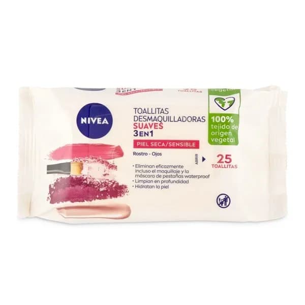 Toallitas desmaquillantes tres en uno piel seca Nivea bolsa 25 unidades - 25.9 ud - Imagen del producto en Findit