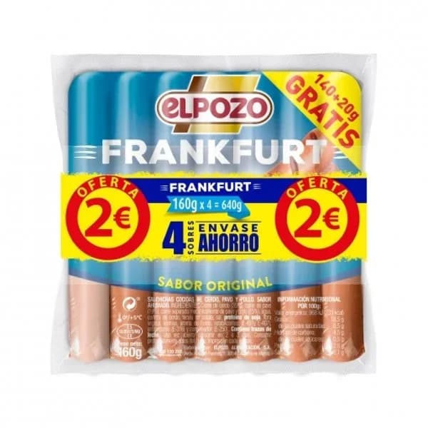 Salchichas Frankfurt El Pozo sin gluten pack de 3 unidades 160 g - 0.48 kg - Imagen del producto en Findit
