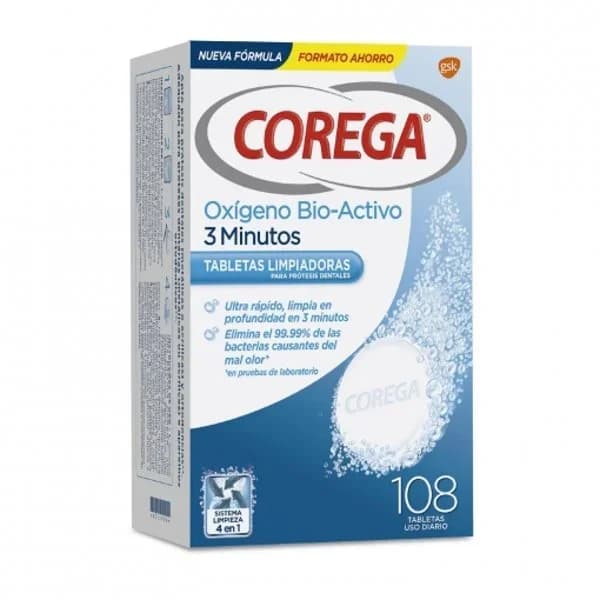 Tabletas limpiadoras COREGA OXÍGENO ACTIVO, caja 108 uds - 111.12 ud - Imagen del producto en Findit
