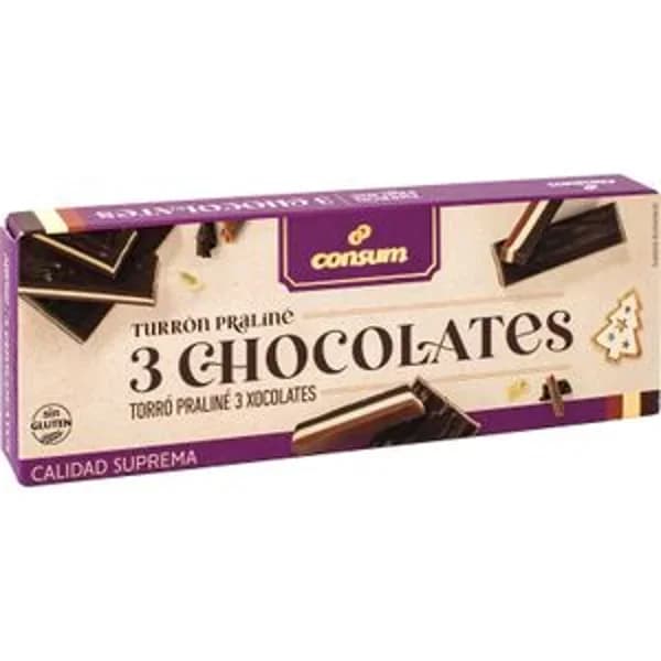 Turrón Tres Chocolates Praliné - 0.13 kg - Imagen del producto en Findit