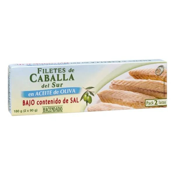 Filetes de caballa del sur bajo contenido en sal Hacendado en aceite de oliva - 0.13 kg - Imagen del producto en Findit