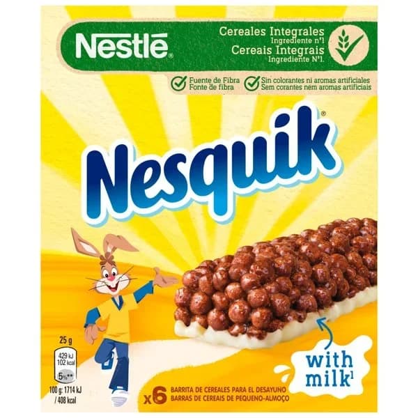 Barritas de cereales tostados con cacao y leche Nesquik Nestlé pack de 6 unidades de 25 g. - 0.15 kg - Imagen del producto en Findit