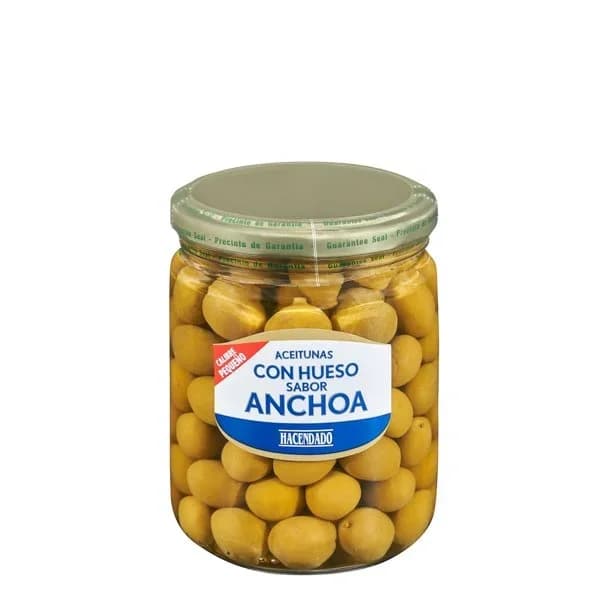 Aceitunas verdes con hueso Hacendado sabor anchoa - 0.25 kg - Imagen del producto en Findit