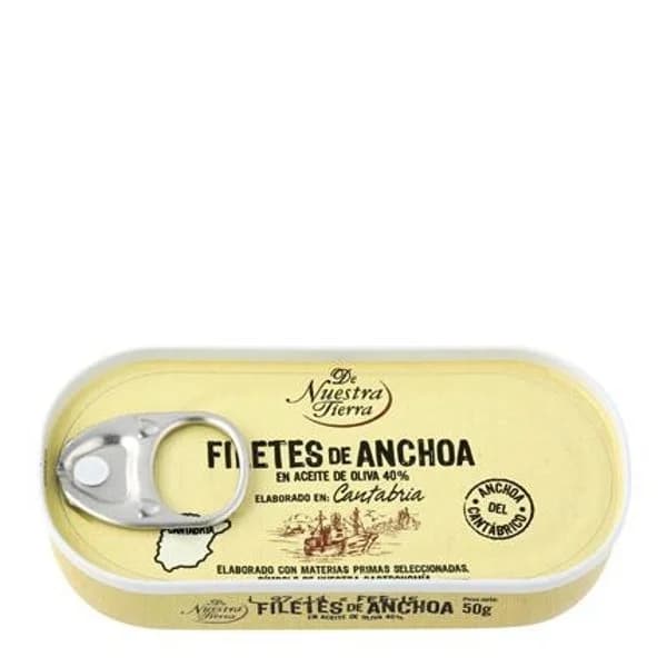 Filetes de anchoa del Cantábrico en aceite de oliva De Nuestra Tierra 30 g. - 0.03 kg - Imagen del producto en Findit