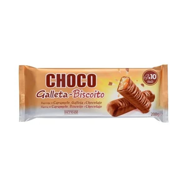 Barritas de galleta y caramelo Hacendado bañadas de chocolate con leche - 0.2 kg - Imagen del producto en Findit