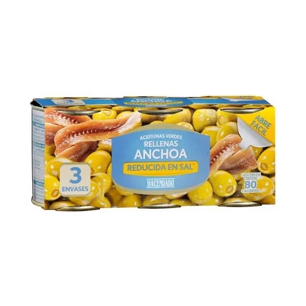 Aceitunas verdes rellenas de anchoa Hacendado reducidas en sal - 0.15 kg - Imagen del producto en Findit