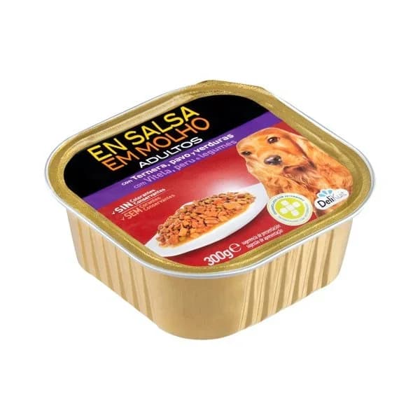 Trozos en salsa perro adulto Delikuit con ternera  pavo y verduras - 0.3 kg - Imagen del producto en Findit