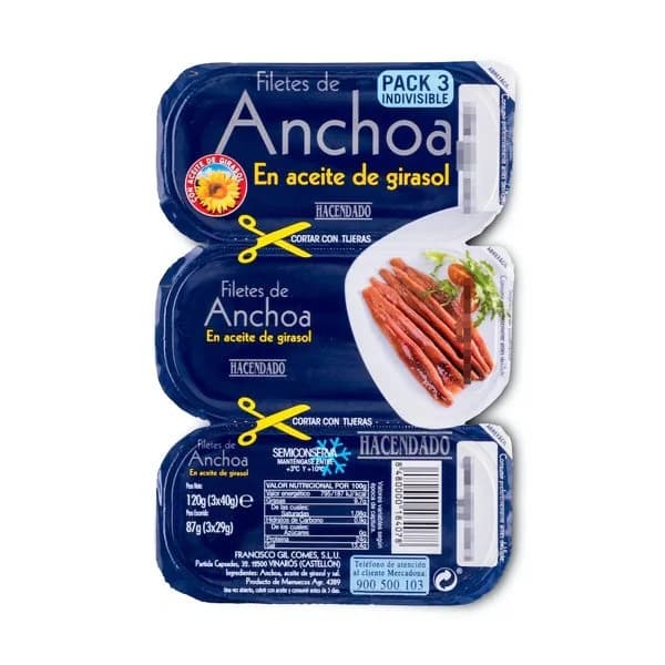 Filetes de anchoa en aceite de girasol Hacendado - 0.09 kg - Imagen del producto en Findit