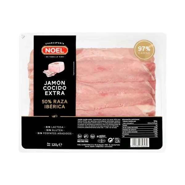 Jamón cocido extra 50% raza ibérica Noel lonchas - 0.12 kg - Imagen del producto en Findit
